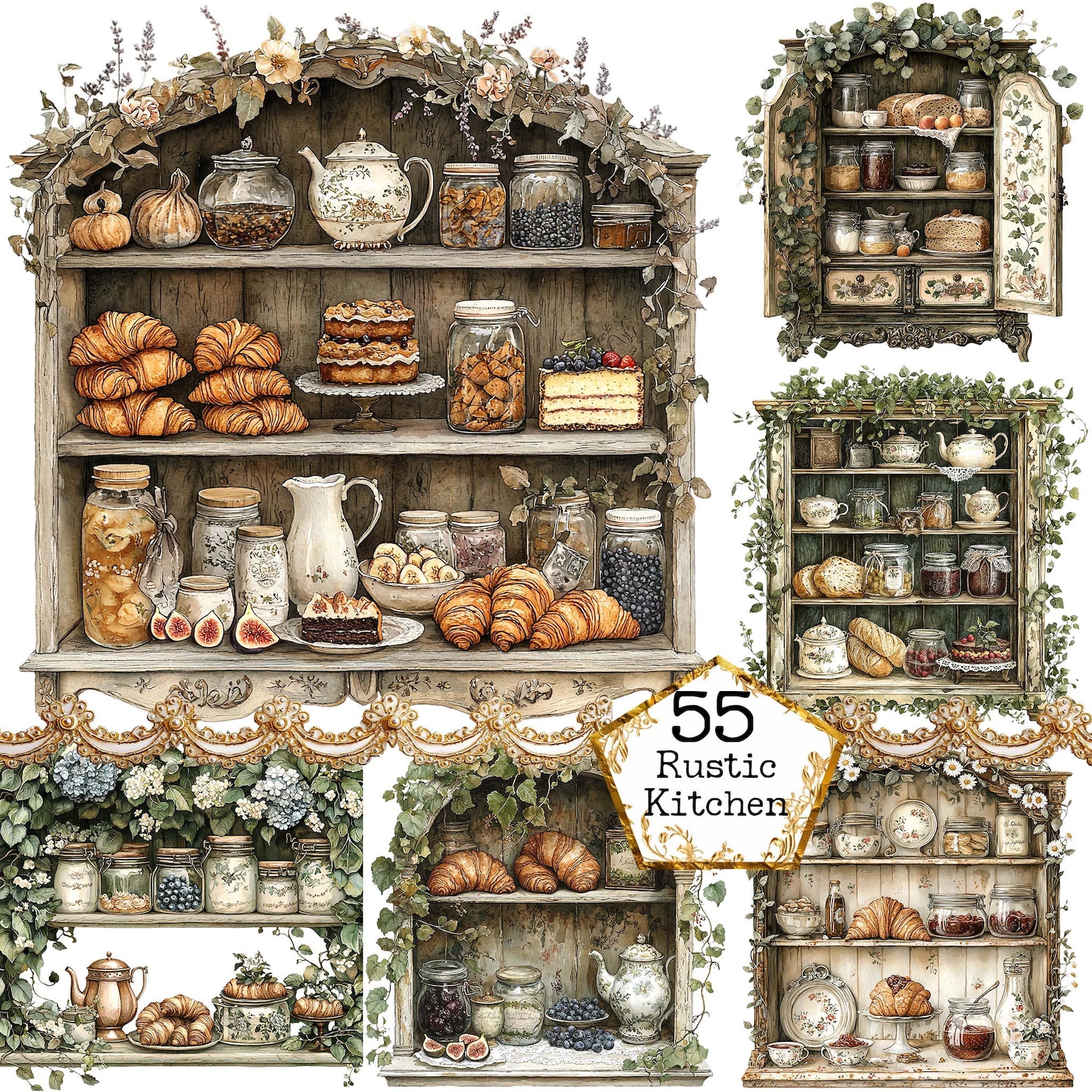PNG + JPEG Watercolor Vintage Kitchen Cabinet Clipart Bundle Rustic ...