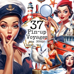50's Sailor Pin Up Girls Transparent PNG Clipart, Retro Girl, Ship, Boat, Card Making Scrapbook Junk Journal Paper Crafts, Uso Comercial