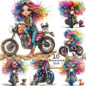 JPEG grillige motorfiets meisje clipart bundel schattig eigenzinnig meisje regenboog haar meisje kunst Instant Download papier ambachten ongewenste dagboek scrapbooking
