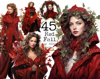PNG Acquerello Rosso Autunno Lady Clipart Bundle Clipart romantico Lady PNG Mestieri di carta Junk Journal Scrapbooking Download immediato