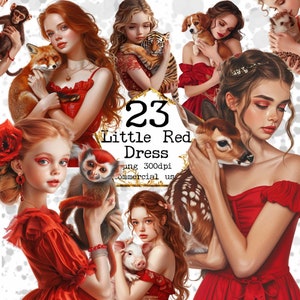 Menina em um vestido vermelho Clipart Pacote Abraçando animal PNG Raposa Ouriço Lobo Veado Gato Cão Download instantâneo Papel Artesanato Lixo Diário Scrapbooking