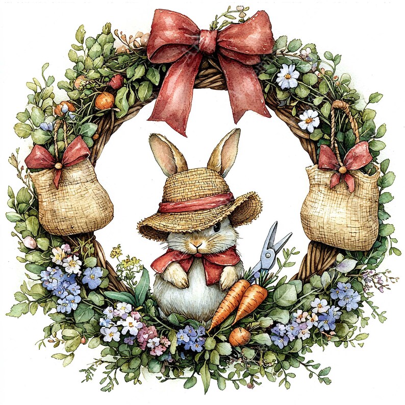 JPEG Watercolor Garden Tools Wreath Clipart Bundle Garden Wreath