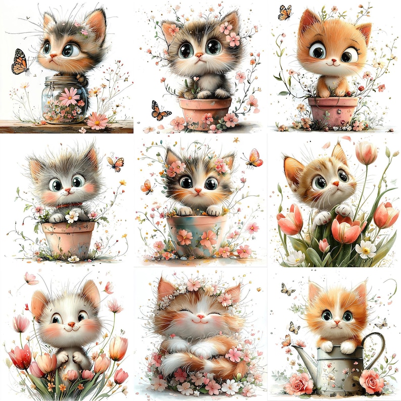 a bunch of pictures of kittens in a flower pot