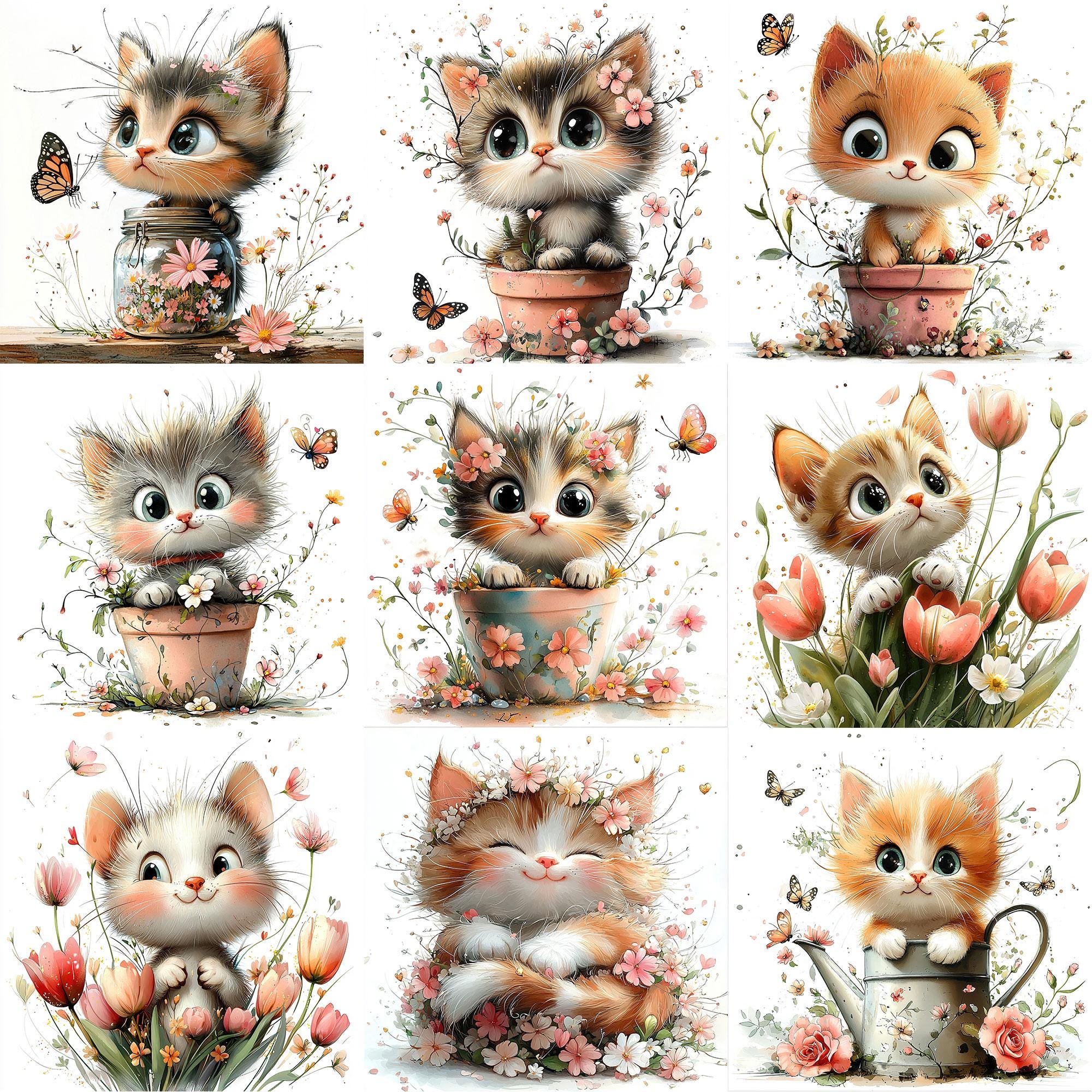 JPG Watercolor Cute Spring Kitten Clipart Bundle Floral Cat Spring ...