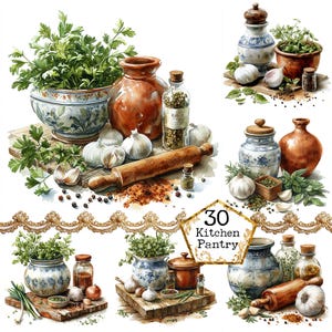 Pacote de clipart de quadro de ervas JPEG aquarela utensílios de cozinha uso comercial download instantâneo artesanato em papel diário de lixo scrapbooking