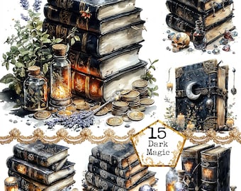 JPEG Watercolor Spell Books Clipart Bundle Watercolor Gothic Books Skull Pumpkin Instant Download Paper Crafts Junk Journal Scrapbooking