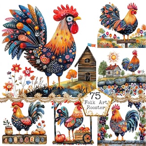 JPEG Acquerello Arte Popolare Gallo Scena Clipart Bundle Arte Popolare Clipart Scandinavo Download Istantaneo Artigianato di Carta Diario di Scartoffie Scrapbooking