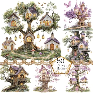 PNG + JPEG Acquerello Casa sull'albero Clipart Bundle Casa delle fate Clipart Bosco magico Download immediato Artigianato di carta Diario spazzatura Scrapbooking