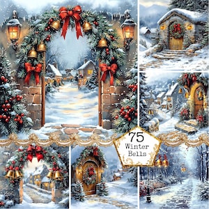 JPEG Acquerello piccolo villaggio invernale Campane JPEG Clipart invernale istantaneo Immagini di Natale Carta commerciale Artigianato Giornale spazzatura Scrapbooking