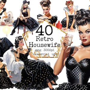 Pacote PNG de clipart de dona de casa retrô, PNG transparente dos anos 50, vestido de bolinhas vermelhas, culinária, álbum de recortes, diário de lixo, artesanato em papel, uso comercial