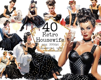 Retro Housewife Clipart PNG Bundle, '50s Transparent PNG, Red Polka Dot Dress, Cooking, Scrapbook, Junk Journal Paper Crafts Commercial Use