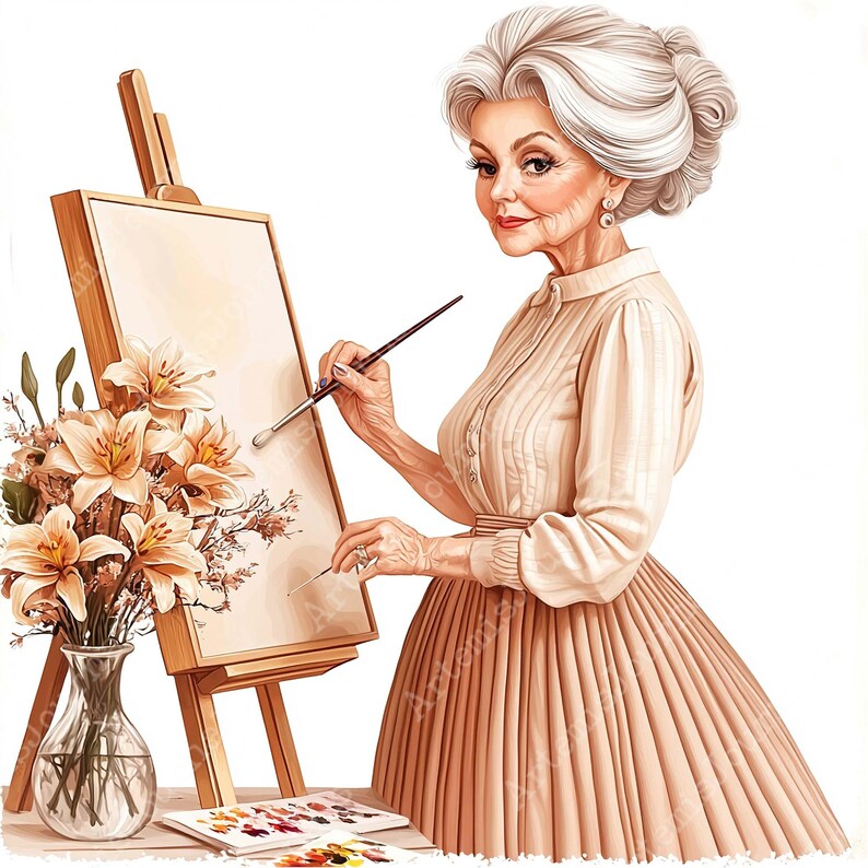 JPEG Watercolor Elderly Spring Lady With Flowers Clipart Bundle Woman ...