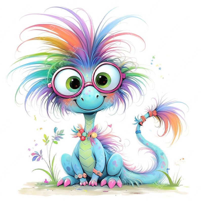 May include: A whimsical cartoon dragon with a blue body, wearing pink glasses and a colorful mane. The dragon has a long neck, a smiling face, and a tail with a rainbow-colored tip. It is adorned with bracelets and a necklace, set against a white background.
