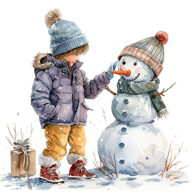 JPEG Watercolor Little Child Building Snowman Clipart Bundle Snow ...