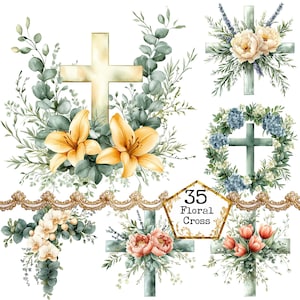 PNG + JPEG aquarelle floral croix Clipart Bundle Clipart religieux Clipart chrétien Téléchargement instantané Paper Craft Junk Journal Scrapbooking