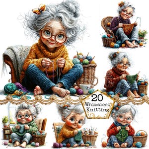 JPEG Senior Lady Knitting Clipart Bundle Crocheting Clipart Cozy Living Room Graphics Instant Download Paper Craft Junk Journal Scrapbooking