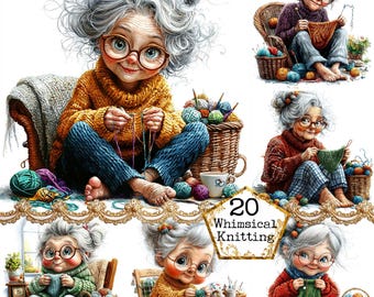 JPEG Senior Lady Knitting Clipart Bundle Crocheting Clipart Cozy Living Room Graphics Instant Download Paper Craft Junk Journal Scrapbooking