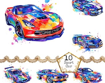 Sport Car Watercolor Clipart Bundle – 10 Supercar Illustrations PNG + JPEG Colorful Race Car and Luxury Vehicle Digital Download Sublimation