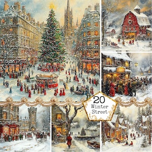 Acuarela JPEG, gráficos navideños vintage para calles, arte navideño imprimible, descarga instantánea, manualidades de papel, diario basura, álbumes de recortes
