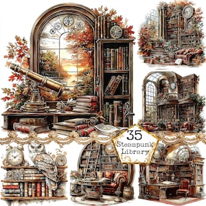 May include: A collection of steampunk library illustrations. The images feature detailed interiors with bookshelves, telescopes, clocks, and an owl. The color palette includes warm browns, golds, and autumnal hues, creating a vintage aesthetic. The text "35 Steampunk Library" is visible.