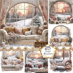 JPEG-aquarel vintage kerstvenster, krans en kaarsen, clipartbundel JPEG direct downloaden, plakboek, ongewenste dagboek, Paper Crafts