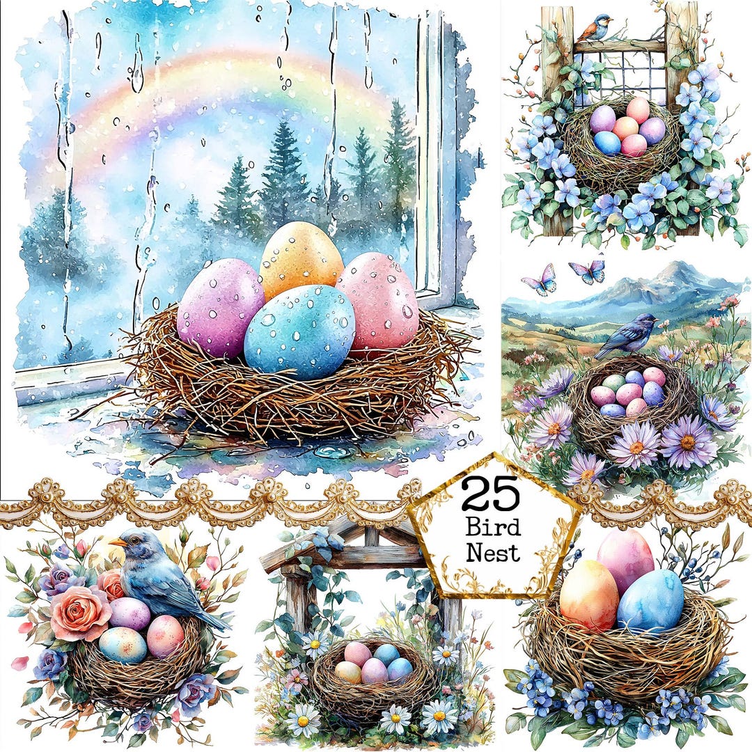 JPEG Watercolor Bird Nests With Easter Eggs Clipart Bundle Spring ...