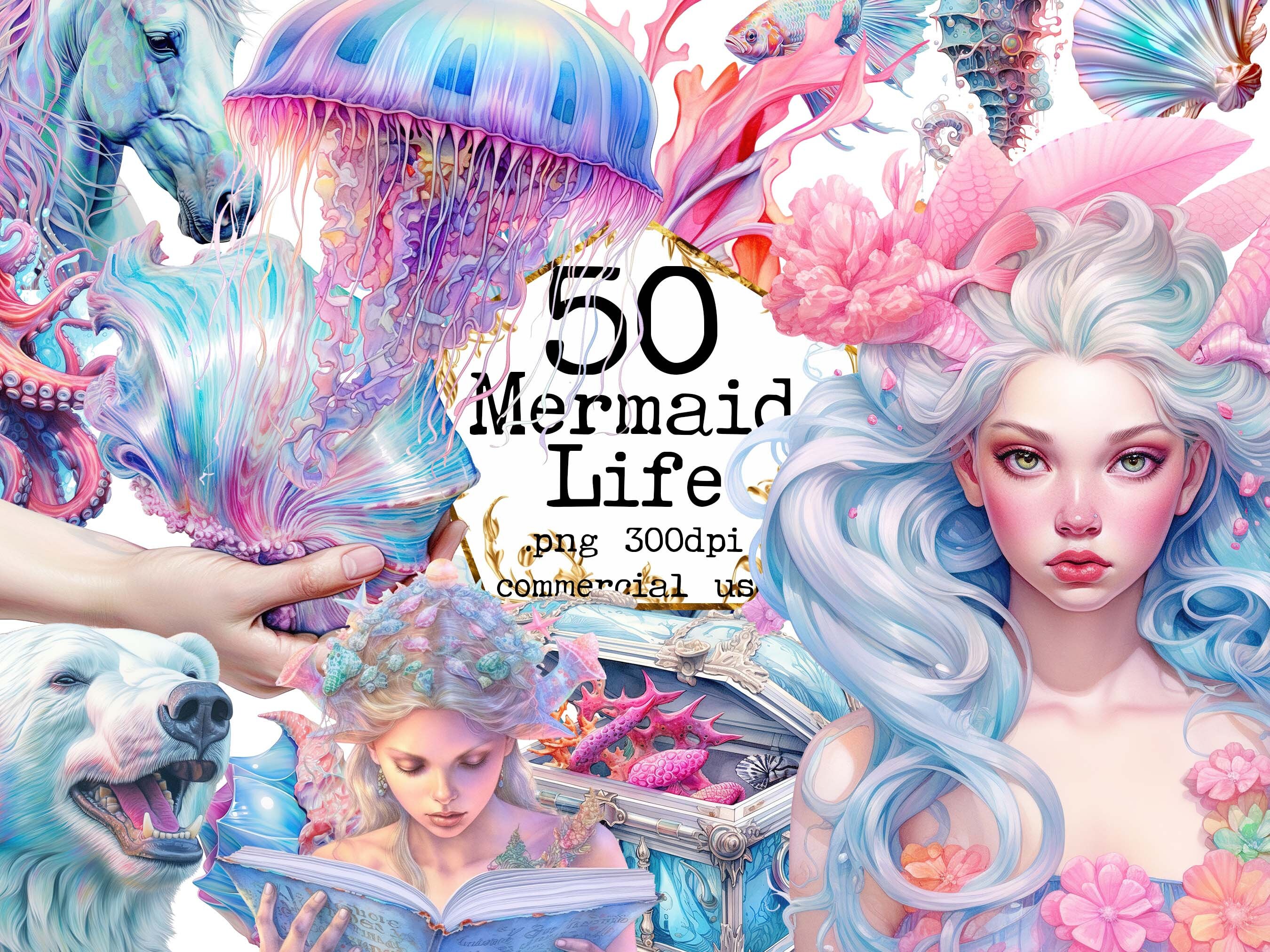 The Mermaid Bundle PNG Clipart, Watercolor Whimsical Mermaid, Shell ...