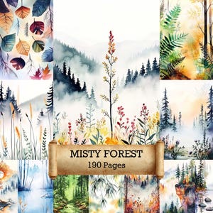 190 aquarel Misty Forest - afdrukbare pagina's, Woodland Junk Journal, digitaal natuurcollageblad