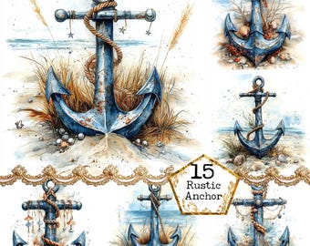 May include: Watercolor illustrations of blue anchors with rope detailing, seashells, and beach grass. The anchors have a rustic, weathered appearance, with some adorned with small star-shaped charms. The text "15 Rustic Anchor" is also present.