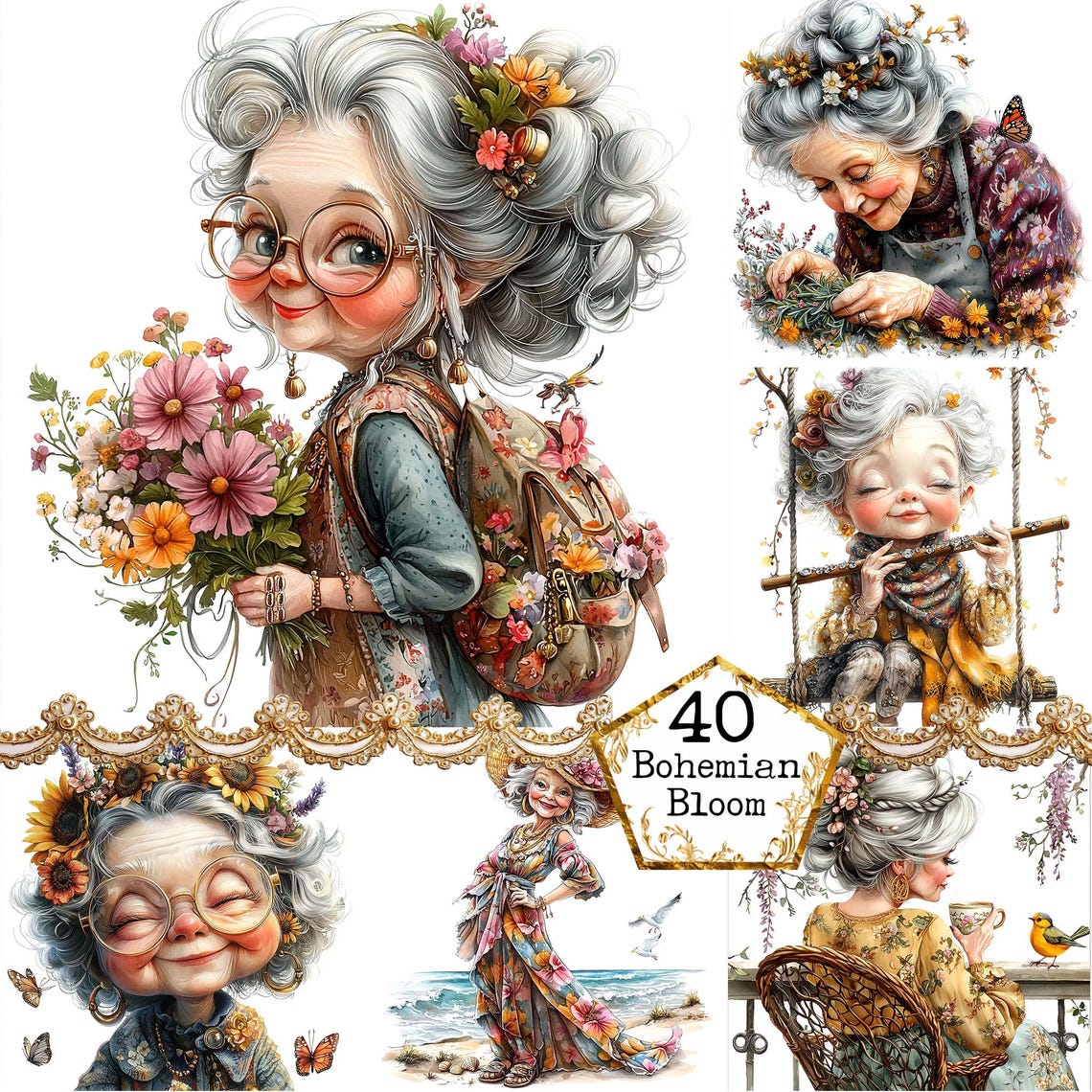 JPEG Watercolor Bohemian Granny Clipart Bundle Elderly Lady Funny ...