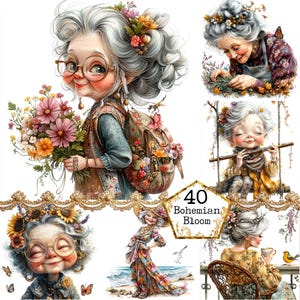 JPEG Aquarell Boho Oma Clipart Bundle ältere Dame lustig Großmutter Bilder Sofortiger Download Papier Handwerk Junk Journal Scrapbooking