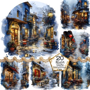 May include: A watercolour painting depicting a night cafe scene with a cobbled street, buildings, and tables with chairs. The cafe is illuminated by string lights and lanterns. The scene is set in a European city.