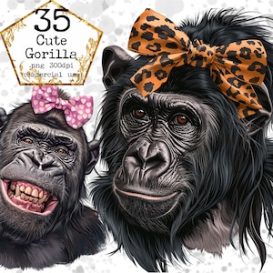 May include: Two cute cartoon gorillas with bows. One gorilla is wearing a pink bow with hearts and the other is wearing a leopard print bow. The text "35 Cute Gorilla .png 300dpi commercial use" is in the top left corner of the image.