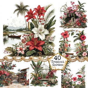 JPEG-aquarel tropische tuin graphics zomer clipart zomer groen eiland kunst Instant Download papier ambachten ongewenste dagboek scrapbooking