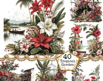 JPEG  Watercolor Tropical Garden Graphics Summer Clipart Summer Greenery island Art Instant Download Paper Crafts Junk Journal Scrapbooking