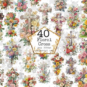 Acquerello Vintage Croci floreali Clipart Dipinto a mano Fiori selvatici Croci Vector Battesimo croce PNG Mestieri di carta Junk Journal Scrapbooking