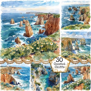 JPEG Acquerello Paesaggio costiero ClipArt Sfondi costa naturale Paesaggio balneare Download immediato Paper Craft Junk Journal Scrapbooking