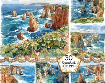 JPEG acuarela paisaje costero ClipArt fondos de costa natural paisaje costero Descarga instantánea papel artesanía diario basura Scrapbooking