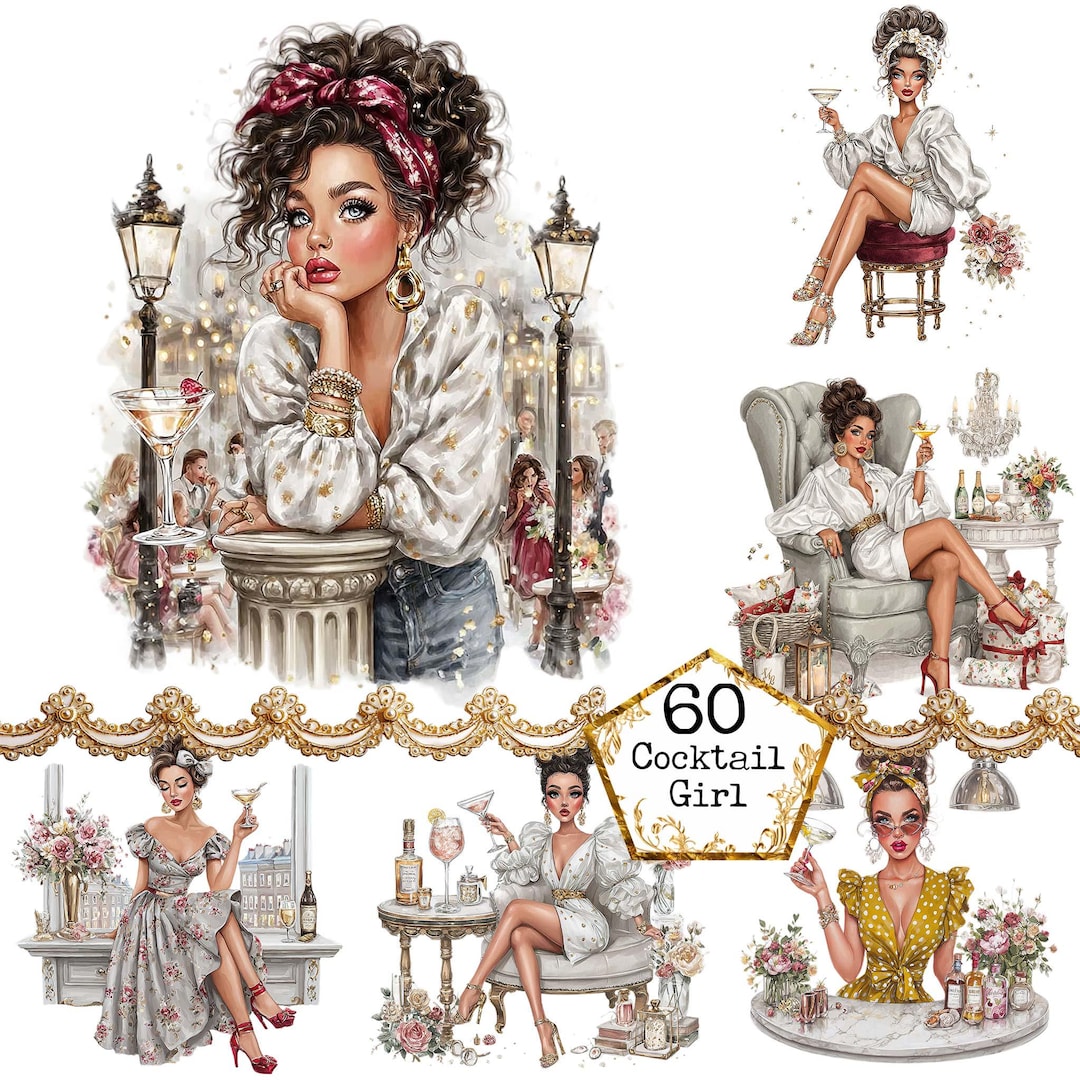 Cocktail Girl - Watercolor Clipart Bundle PNG + JPEG Format Paper ...