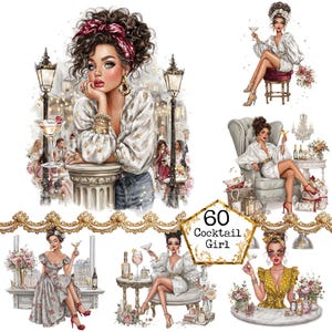 Op de afbeelding: Digitale illustratie met zes afbeeldingen van vrouwen in elegante omgevingen, elk met een cocktail. De centrale afbeelding toont een vrouw met krullend haar en een rode hoofddoek. De tekst "60 Cocktail Girl" staat in een gouden kader.