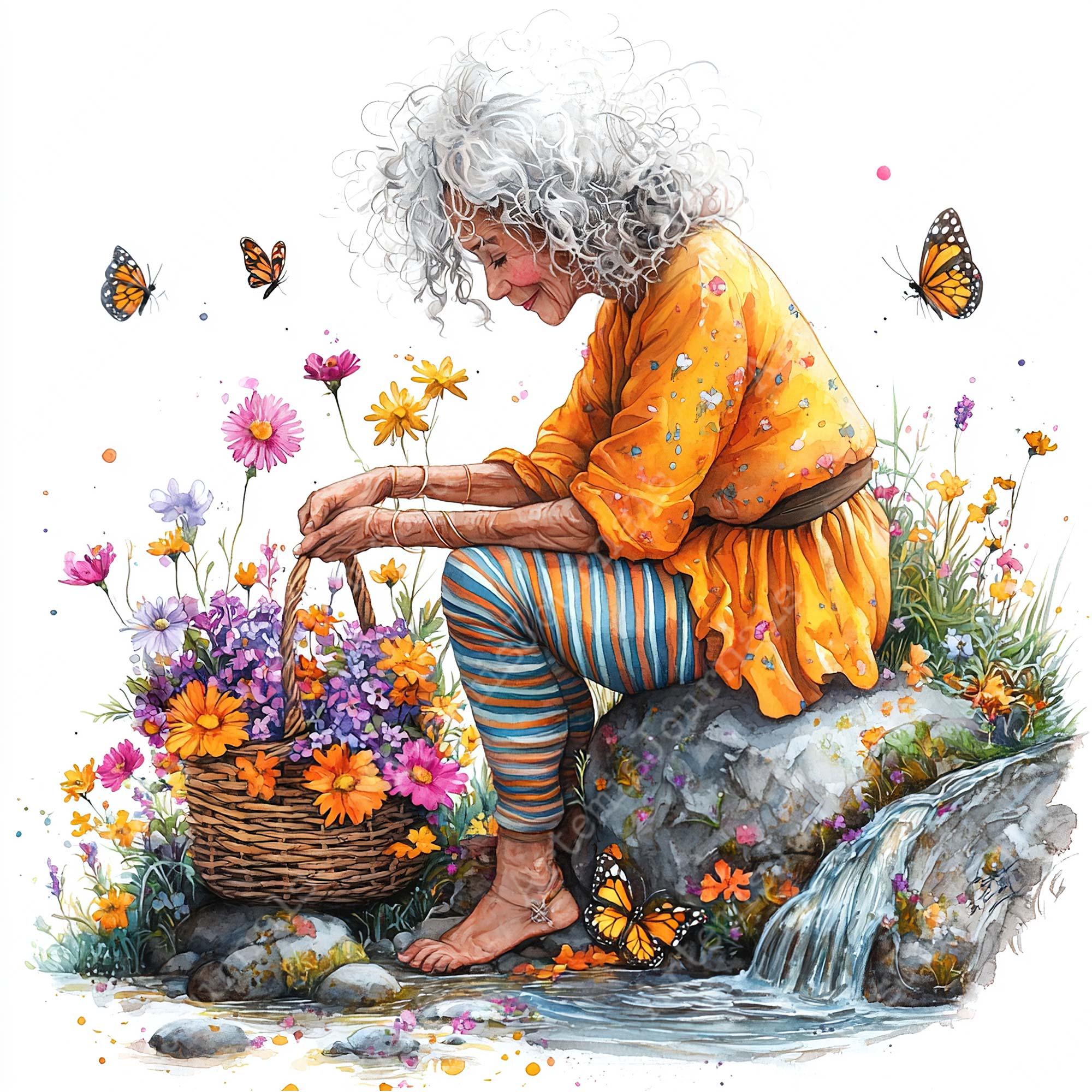 JPEG Watercolor Spring Granny Clipart Bundle Funny Elderly Lady Cute ...