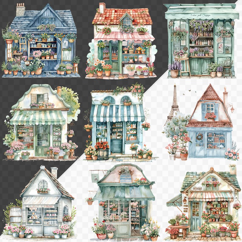 May include: Nine watercolor illustrations of charming storefront shops with colorful flowers and greenery. Each shop has a unique design and features a variety of items for sale, including flowers, plants, and other goods.