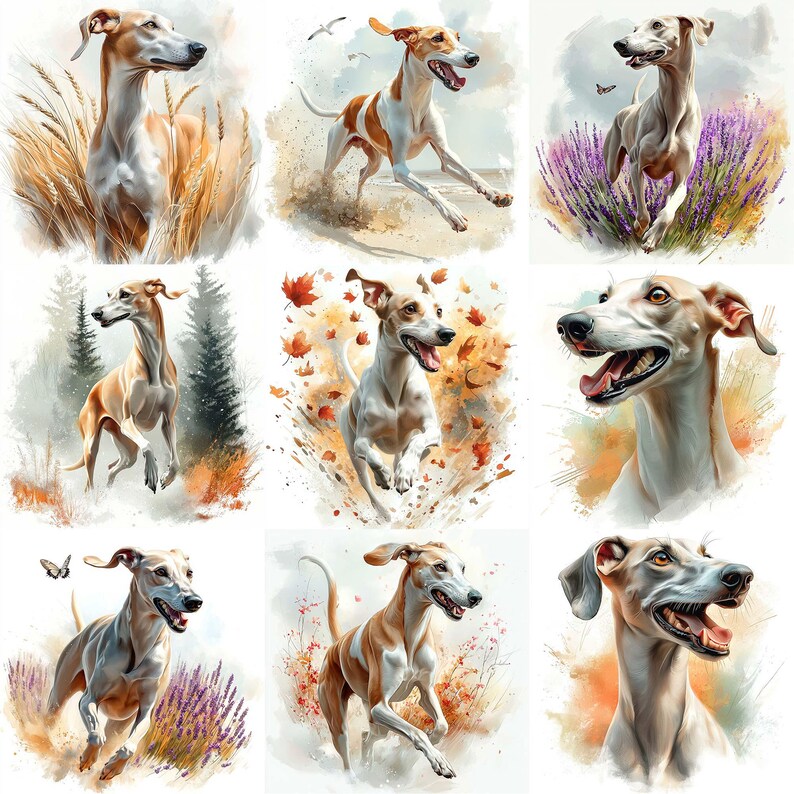 May include: A collection of nine watercolor paintings featuring a brown and white Italian Greyhound dog in various poses and settings. The dog is depicted in a field of wheat, a lavender field, a forest, a field of autumn leaves, and a plain background.