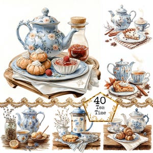 JPEG Vintage Floral Tea Time Clipart JPG Chá Clipart Flor Teacup Tee-Illustration Download instantâneo Papel Artesanato Junk Journal Scrapbooking