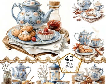 Può includere: Una collezione di tazze da tè, teiere e pasticcini su uno sfondo bianco. Le tazze da tè e le teiere sono decorate con motivi floreali blu e bianchi. I pasticcini sono una varietà di biscotti e torte. L'immagine include il testo "40 Tea Time".