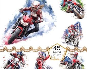 Female on Motorcycle - Watercolor JPEG Clipart Bundle Instant Download Paper Crafts Junk Journal Scrapbooking