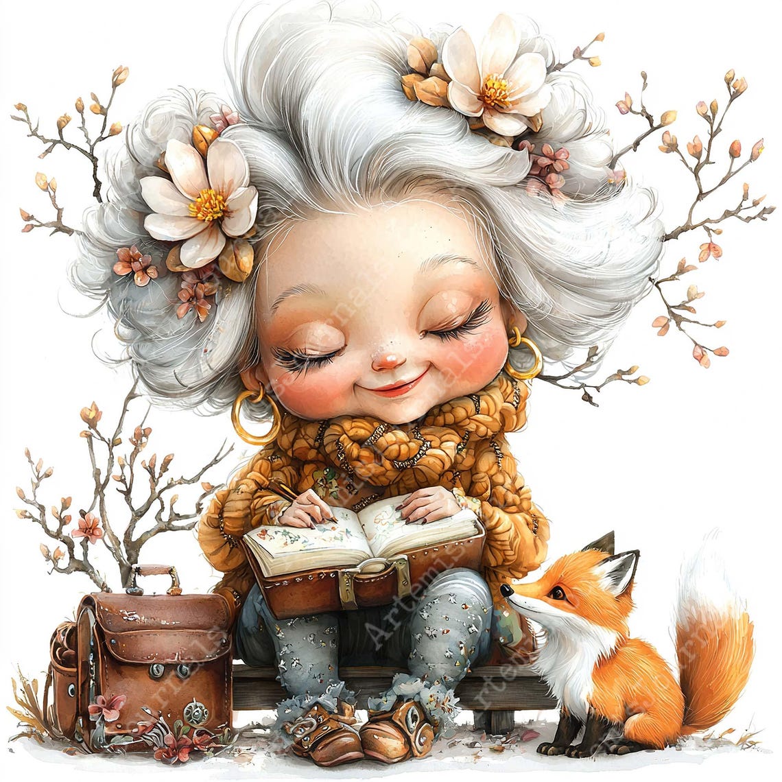 JPEG Watercolor Bohemian Granny Clipart Bundle Elderly Lady Funny ...