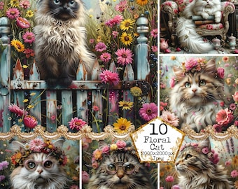 JPEG Flores e Gato JPEG Belos Fundos Uso Comercial Papel Digital Download Instantâneo Papel Artesanato Junk Journal Scrapbooking
