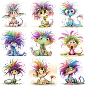 May include: Nine whimsical cartoon dragons with vibrant, multicolored hair and expressive faces. Each dragon has unique features, including glasses, earrings, and patterned scales. The dragons are depicted in various poses, with a soft, watercolor style.