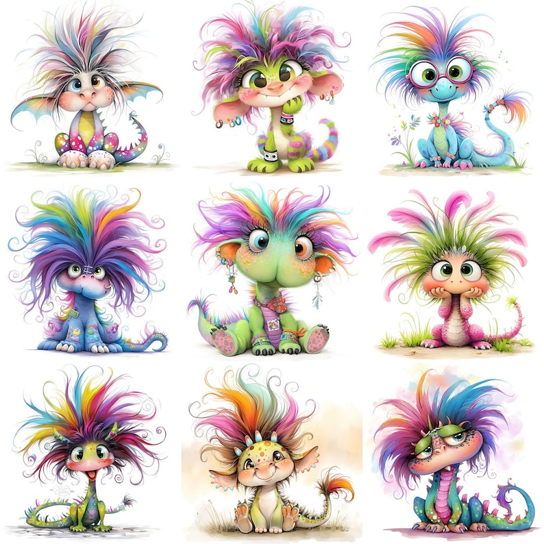 May include: Nine whimsical cartoon dragons with vibrant, multicolored hair and expressive faces. Each dragon has unique features, including glasses, earrings, and patterned scales. The dragons are depicted in various poses, with a soft, watercolor style.